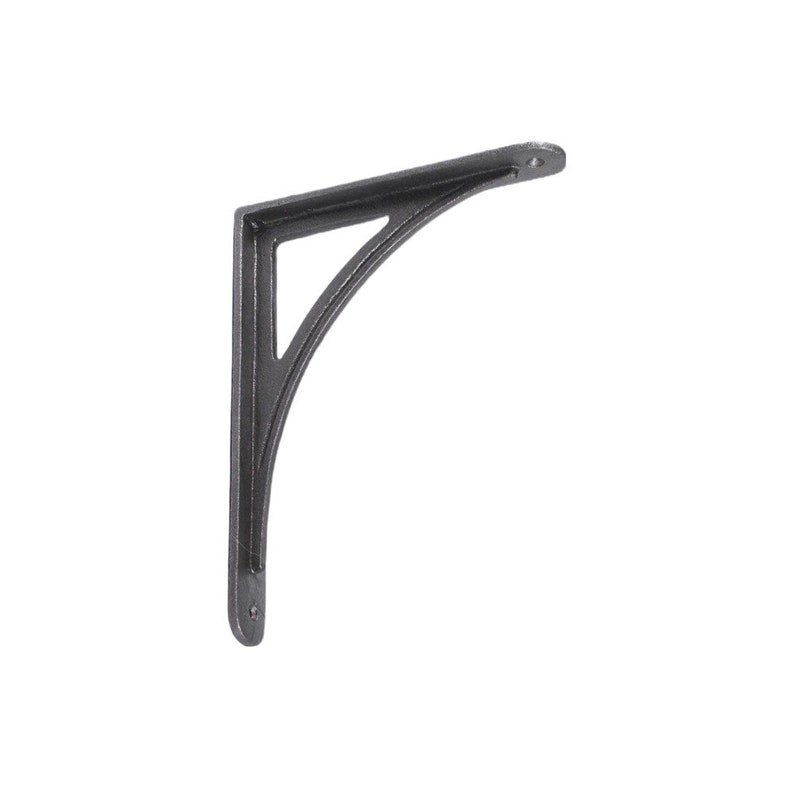 May include: A single, dark gray cast iron shelf bracket. The bracket has a curved design with a triangular support and two pre-drilled holes for mounting. The overall shape is an L-shape, suitable for supporting shelves.