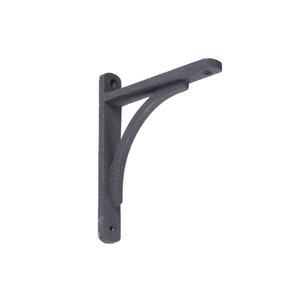 May include: A black metal shelf bracket with a curved design. The bracket is made of cast iron and has a rustic finish.