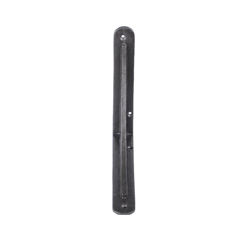 May include: A dark gray, L-shaped metal shelf bracket with a textured finish. The bracket has pre-drilled holes for mounting and a sturdy design. Ideal for supporting shelves in a home or retail setting.