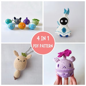 Puede incluir: Cuatro patrones de amigurumi de crochet en una descarga PDF. Los patrones incluyen un personaje blanco y azul, un personaje morado con una flor rosa, un personaje tostado con una hoja verde y un grupo de seis personajes coloridos.