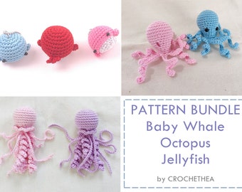 Crochet PATTERN BUNDLE of Sea Creatures: Baby Whale, Octopus, and Jellyfish - by Crochethea (beginner and easy crochet project)