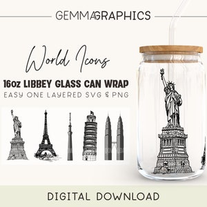 World Icons Wrap für Libbey 16 Unzen, 16 Unzen Glasdose svg, Libbey Glass Wrap png, Glasdosenverpackung, Bierdosenverpackung svg, Libbey svg für Cricut
