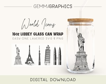 World Icons Wrap For Libbey 16oz, 16oz Glass Can svg, Libbey Glass Wrap png, Glass Can Wrap, Beer Can Wrap Svg, Libbey svg for Cricut