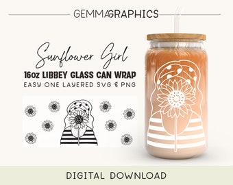 Sunflower Girl Wrap For Libbey 16oz, Sunflower 16oz Glass Can svg, Libbey Glass Wrap png, Glass Can Wrap, Floral Beer Can Wrap Svg