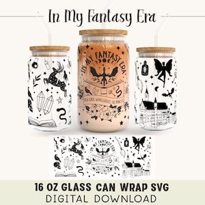 May include: Three 16 ounce glass can wraps with a fantasy theme. The wraps feature a dragon, a castle, and a fairy. The text on the wraps reads "In My Fantasy Era".