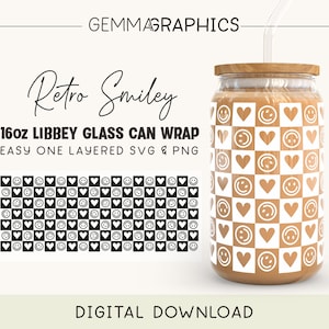 Retro Smiley Wrap für Libbey 16 Unzen, Lächeln 16 Unzen Glasdose svg, Libbey Glasverpackung png, Glasdosenverpackung, Retro Bierdosenverpackung svg