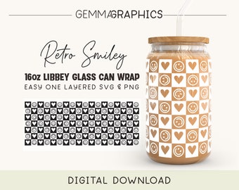 Retro Smiley Wrap For Libbey 16oz, Smile 16oz Glass Can svg, Libbey Glass Wrap png, Glass Can Wrap, Retro Beer Can Wrap Svg