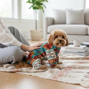 May include: A small, brown dog wearing a colorful patterned dog jumpsuit. The jumpsuit features a turquoise background with red, orange, and cream-colored geometric designs. The dog is sitting on a patterned rug.