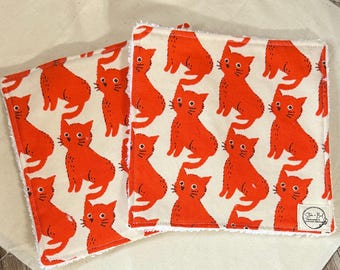 Set Of 2 100% Cotton 2 Ply Fabric/Terrycloth 7x7 Handmade Quirky Orange Cat Lover Print