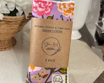 Tela de rizo 100% algodón de 2 capas, 7 x 7 pulgadas, hecha a mano, paquete de 2 paños de cocina, estampado floral botánico folclórico con motivos de aves y lavanda. Tela de rizo blanca.