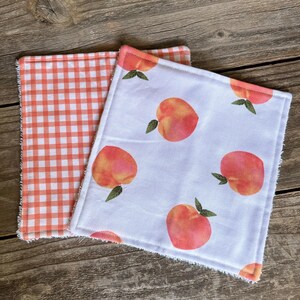 100% Cotton 2 Ply Fabric/Terry Cloth 7 X 7 Handmade Dishcloth 2 Pack Set Peach Fruit & Orange Gingham Checkered Pattern Picnic Print