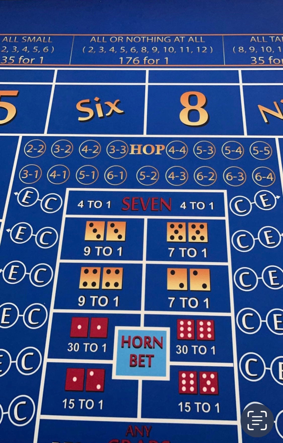 Blue Craps Table ATS and Hop Bets, Drink Ledge, Diamond Walls