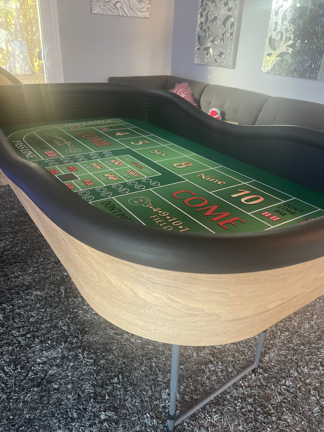 Light Brown Craps Table With Diamond Walls, Green Felt, and Folding