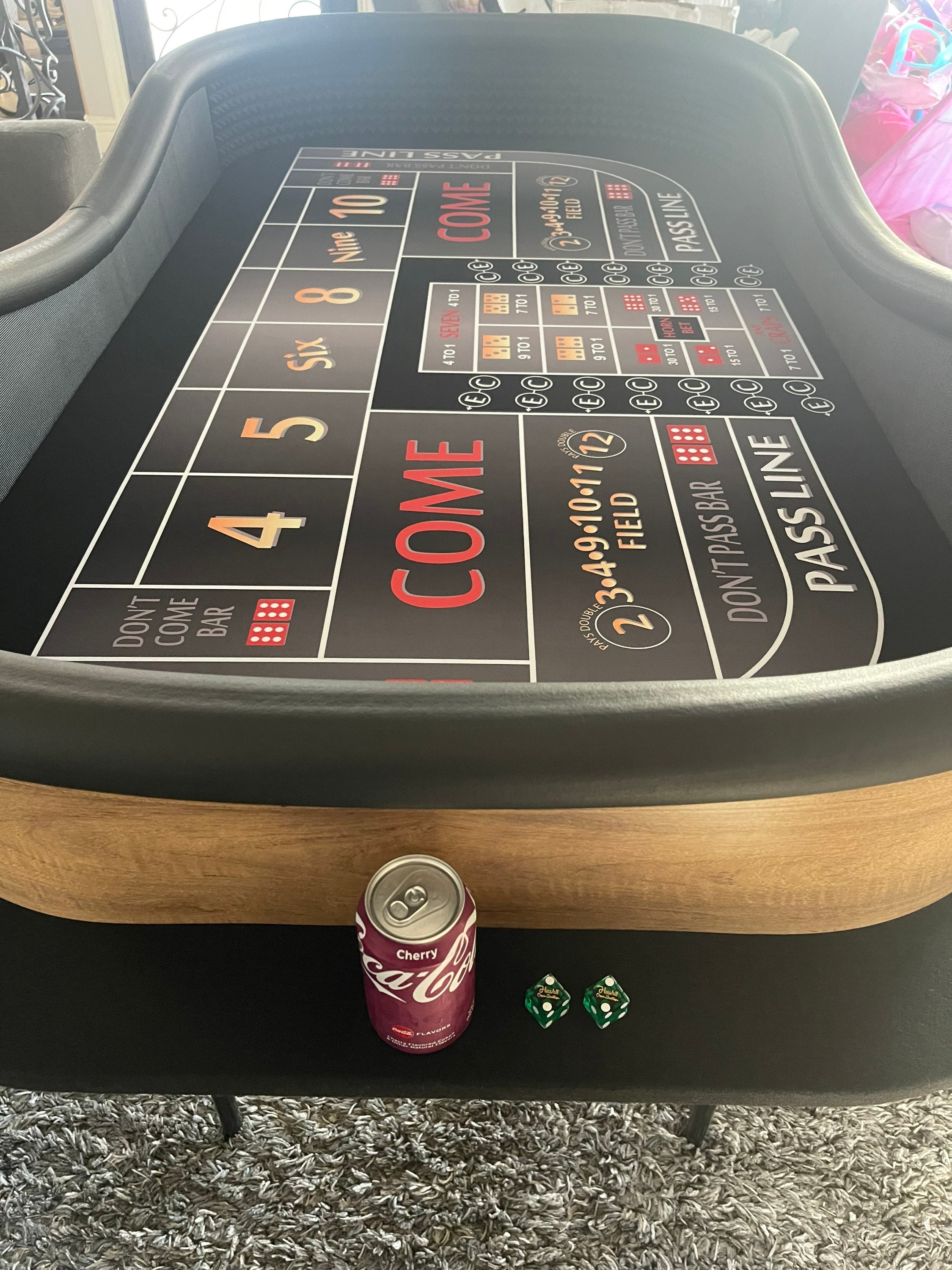 Craps Table Wood Look With Drink Ledge, Black Layout, Rubber Diamond