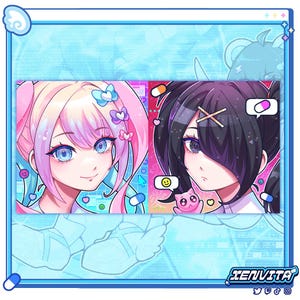 May include: A digital art print featuring two anime-style girls with pastel hair and large eyes. The artwork is set against a light blue background with pill and heart motifs. The print includes the text "XENVITA" at the bottom.