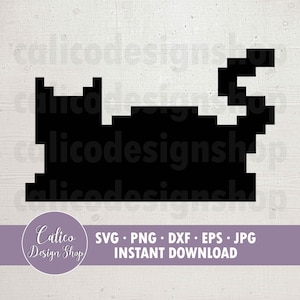 May include: Black and white pixelated image of a cat curled up in a sleeping position. The image is a digital design for crafting projects.