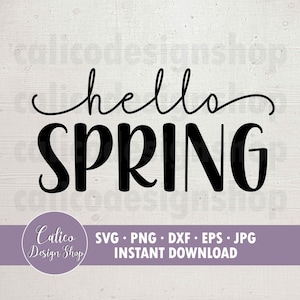 May include: Black and white text graphic design that says "hello spring" in a cursive font. The design is on a white wood background.