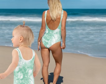 AQUA TIE DYE Mommy and Me Swimwear, Swimsuits, Bathing suits New Mom and daughter ocean, free Shipping to U.S.A, first mothers day