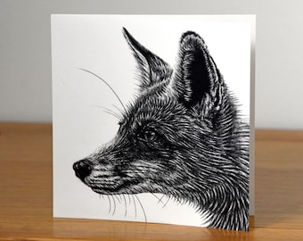 Red fox - square fine art blank animal greetings card - british wildlife ink illustration portrait birthday card