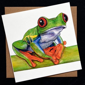 Rotäugig Baumfrosch - quadratische Kunst Blanko Tier Grußkarte - grüne Amphibien Wildtier Aquarell Illustration Portrait Geburtstagskarte