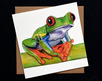 Red-eyed tree frog  - square fine art blank animal greetings card - green amphibian wildlife watercolour illustration portrait birthday card