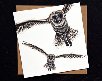 Barn owl flying - square fine art blank animal greetings card - cute bird wild wildlife ink illustration drawing portrait birthday card owls