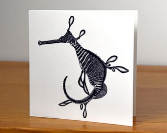 Weedy seadragon - square fine art blank animal greetings card - marine ocean fish wildlife illustration drawing portrait birthday seahorse