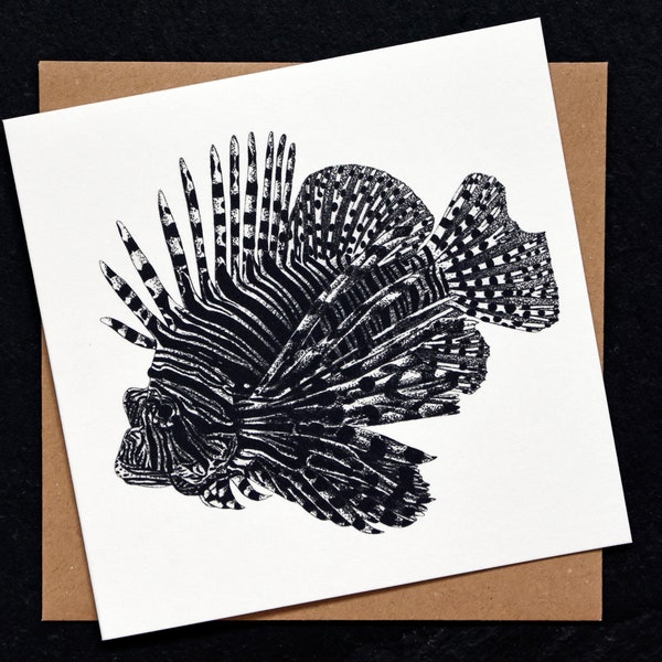 Red lionfish - square fine art blank animal greetings card - wild wildlife ink illustration drawing birthday marine sea lion fish Pterois