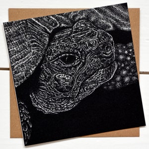 Pet tortoise - square fine art blank animal greetings card - turtle black and white ink illustration drawing portrait birthday cute reptile