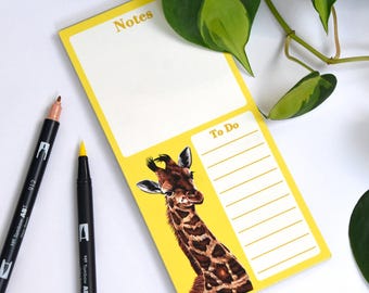 Yellow baby giraffe notepad - giraffes calf - to do list pad notebook illustration ink and watercolour drawing print wildlife endangered
