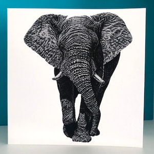 Afrikanischer Elefant - Quadrat Fine Art Blanko Tier Grußkarte - Elefanten Tier Illustration Zeichnung Portrait Geburtstagskarte wild