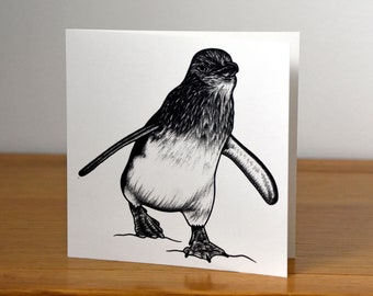 Petit pingouin - carré fine art vierge animal carte de vœux - mignon oiseau sauvage encre de faune sauvage illustration dessin portrait carte d’anniversaire