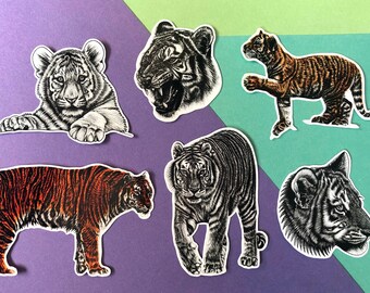 May include: A set of six tiger stickers, featuring different poses and styles. The stickers are black and white, with some featuring orange and black stripes. The stickers are perfect for adding a touch of wildlife to your laptop, water bottle, or planner.