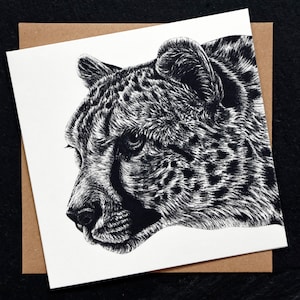 Afrikaanse jachtluipaard - vierkante fijne kunst lege dierlijke groetenkaart - grote kat wilde diereninktillustratie die portretverjaardagskaart trekt