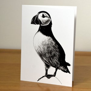 Macareux moine - carte de voeux animaux vierge A6 beaux-arts - illustration de la faune sauvage à l'encre dessin portrait anniversaire oiseau mignon pingouin