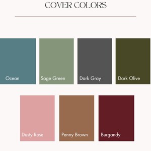 May include: A color chart showing 8 different colors for furniture covers. The colors are Ocean, Sage Green, Dark Gray, Dark Olive, Dusty Rose, Penny Brown, and Burgundy. The text "COVER COLORS" and "MYSTERY LOUNGE STUDIOS" are also shown.