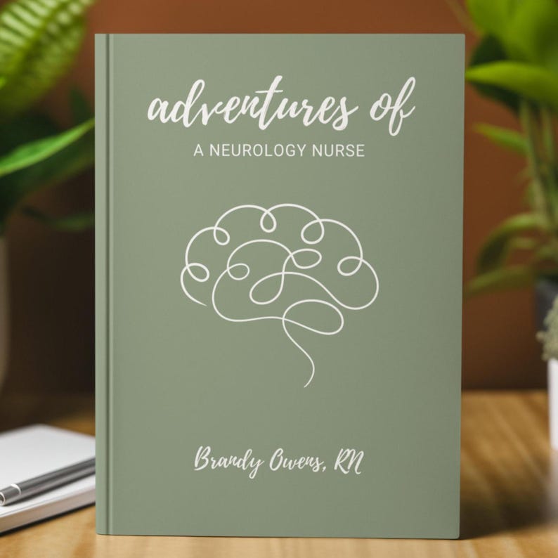 May include: A green journal with the text "adventures of a neurology nurse" and a white line drawing of a brain. The journal is titled "Brandy Owens, RN".