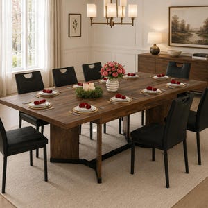 May include: A rectangular wooden dining table with a dark brown finish and a black metal base, surrounded by eight black upholstered chairs. The table is set with white plates, red napkins, and a central floral arrangement of pink roses.