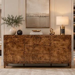 May include: A rectangular wooden sideboard featuring a prominent burl wood grain pattern in shades of brown. The furniture piece includes three central drawers flanked by two side cabinets, all supported by short, straight legs in a matching finish.