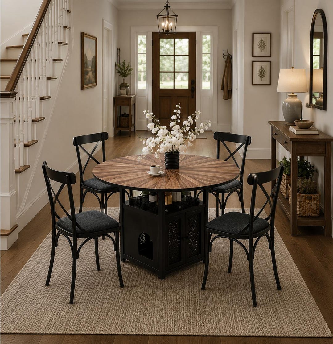 Round Dining Table Set for 4-6, Farmhouse Kitchen Table With Storage ...