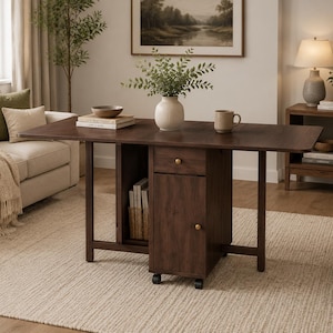 Folding Dining Table with 2 Drawers and 4 Wheels for Living Room,Kitchen, Farmhouse, Space Saving Table