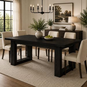 May include: A rectangular black wooden dining table with thick U-shaped legs, surrounded by four upholstered beige chairs. A white ceramic vase with green foliage and a bowl of green apples sit on the table surface in a bright dining room.