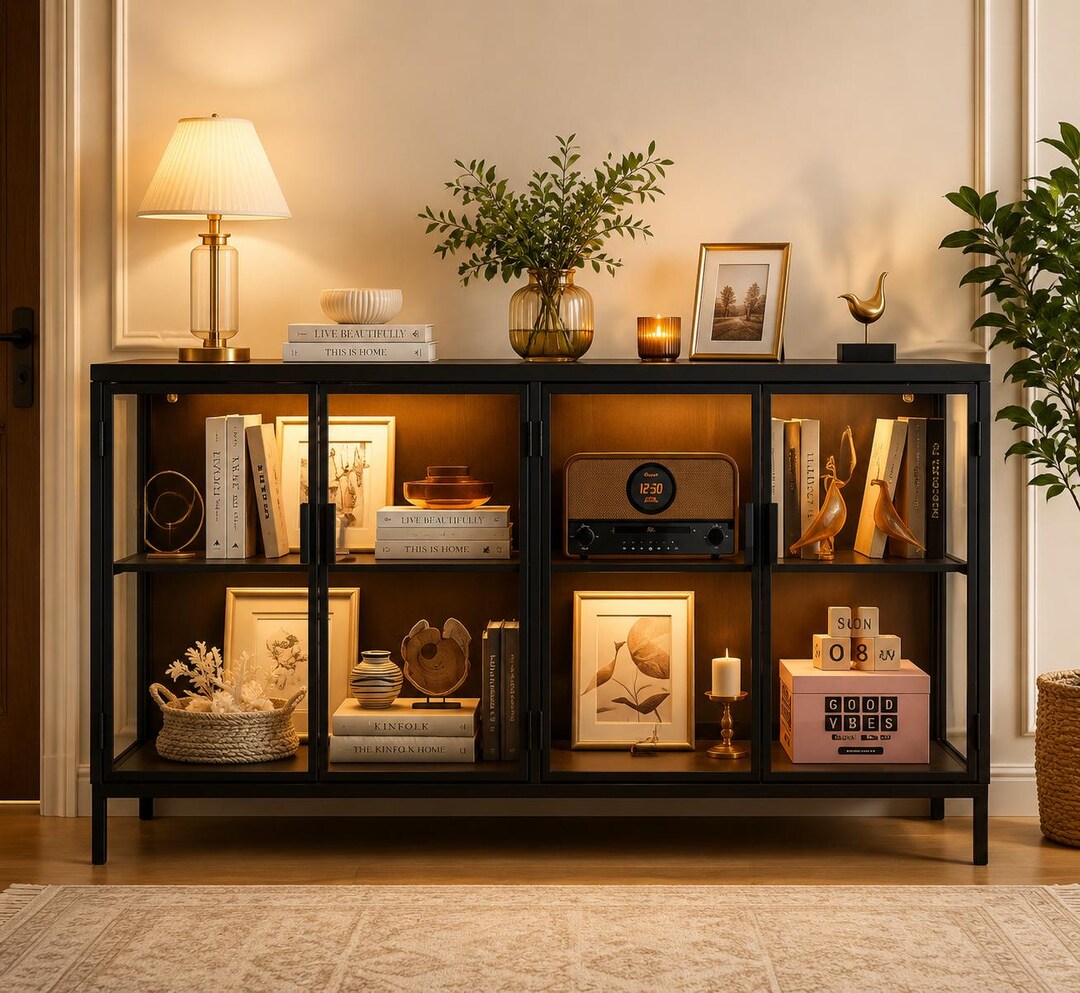 Led Storage Modern Storage Cabinet With 3 Color LED Lights, Glass Shelves, Metal ...