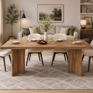 May include: A rectangular wooden dining table with a thick top and two wide, flat vertical supports. Four upholstered chairs with light-colored fabric and dark wooden legs are positioned around the table, which is set with plates and glasses.