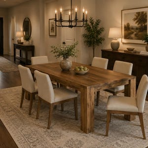 May include: A rectangular wooden dining table with a natural grain finish, surrounded by six upholstered chairs with light beige fabric seats and wooden legs. A ceramic bowl filled with green pears sits in the center of the table.