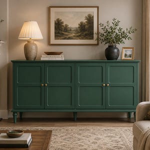 May include: A long, dark green sideboard featuring four cabinet doors with recessed rectangular panels and small, round, gold-toned knobs. The piece is supported by four short, tapered legs and provides a flat surface for decorative items.