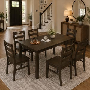 May include: A dark brown wooden dining set consisting of a rectangular table and six matching chairs with horizontal slat backrests. The table surface holds a small white ceramic vase with greenery, a white book, and a round wooden serving tray.