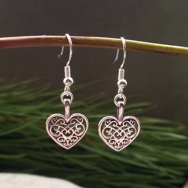 Silver Heart Earrings. Metal alloy filigree hollow Sweat heart charm hook back Earrings. Silver in colour, boho statement Gift Earrings