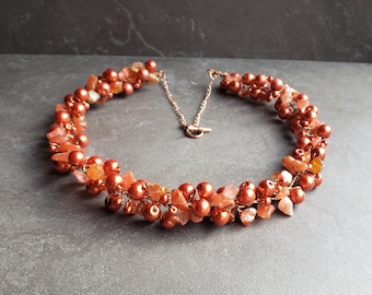 Carnelian Necklace, handmade using glass beads and chipped gemstones, cluster bib necklace, Orange chunky elegant long Necklace.