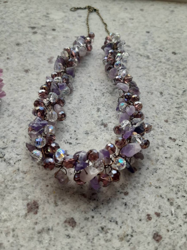 Chipped Amethyst gemstone and faceted glass bead chunky clustered necklace with bronze wire and chain Free UK delivery